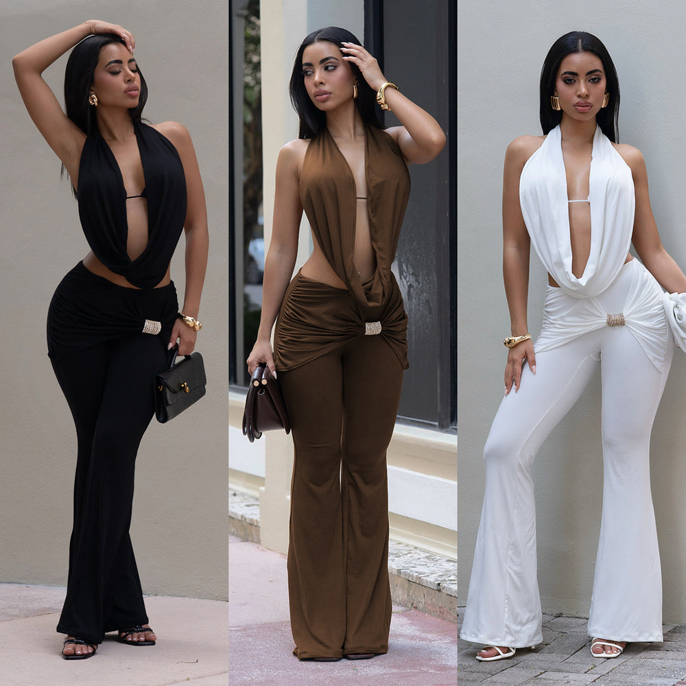 C7589 cross-border   fashion women's sexy solid color backless top and pants set - new