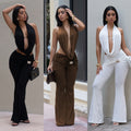 C7589 cross-border   fashion women's sexy solid color backless top and pants set - new