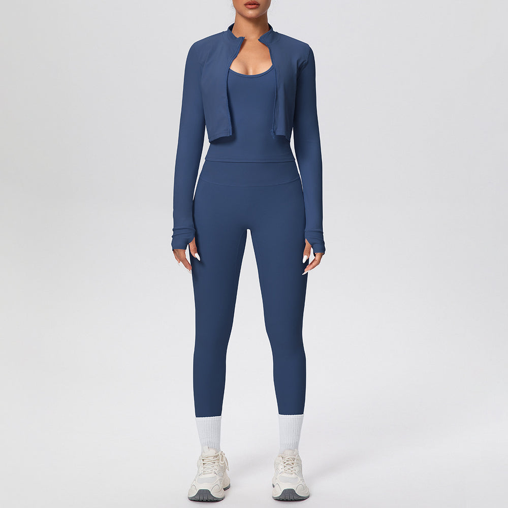 brushed tight drawstring halter vest nine-point long three-piece set sports running fitness yoga suit