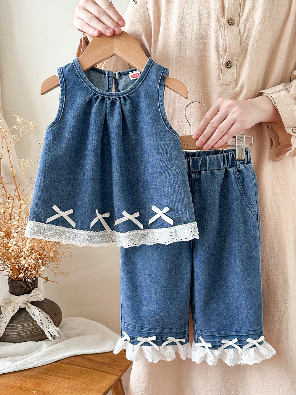 new summer outfit for baby girls: stylish doll-inspired sleeveless denim patchwork lace pants two-piece set