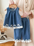 new summer outfit for baby girls: stylish doll-inspired sleeveless denim patchwork lace pants two-piece set