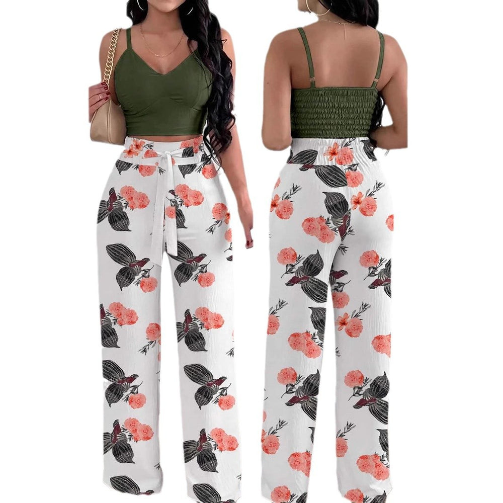 Two-piece set featuring a spaghetti strap elastic tank top and wide-leg tie-front pants,  early autumn european and american style