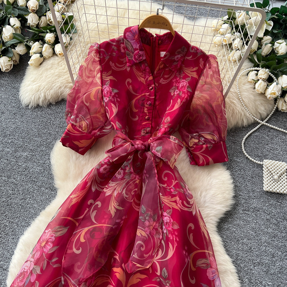 french court style vintage print dress - women's spring/summer turn-down collar, cinched waist, tie-waist a-line maxi dress - office/workwear