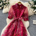 french court style vintage print dress - women's spring/summer turn-down collar, cinched waist, tie-waist a-line maxi dress - office/workwear