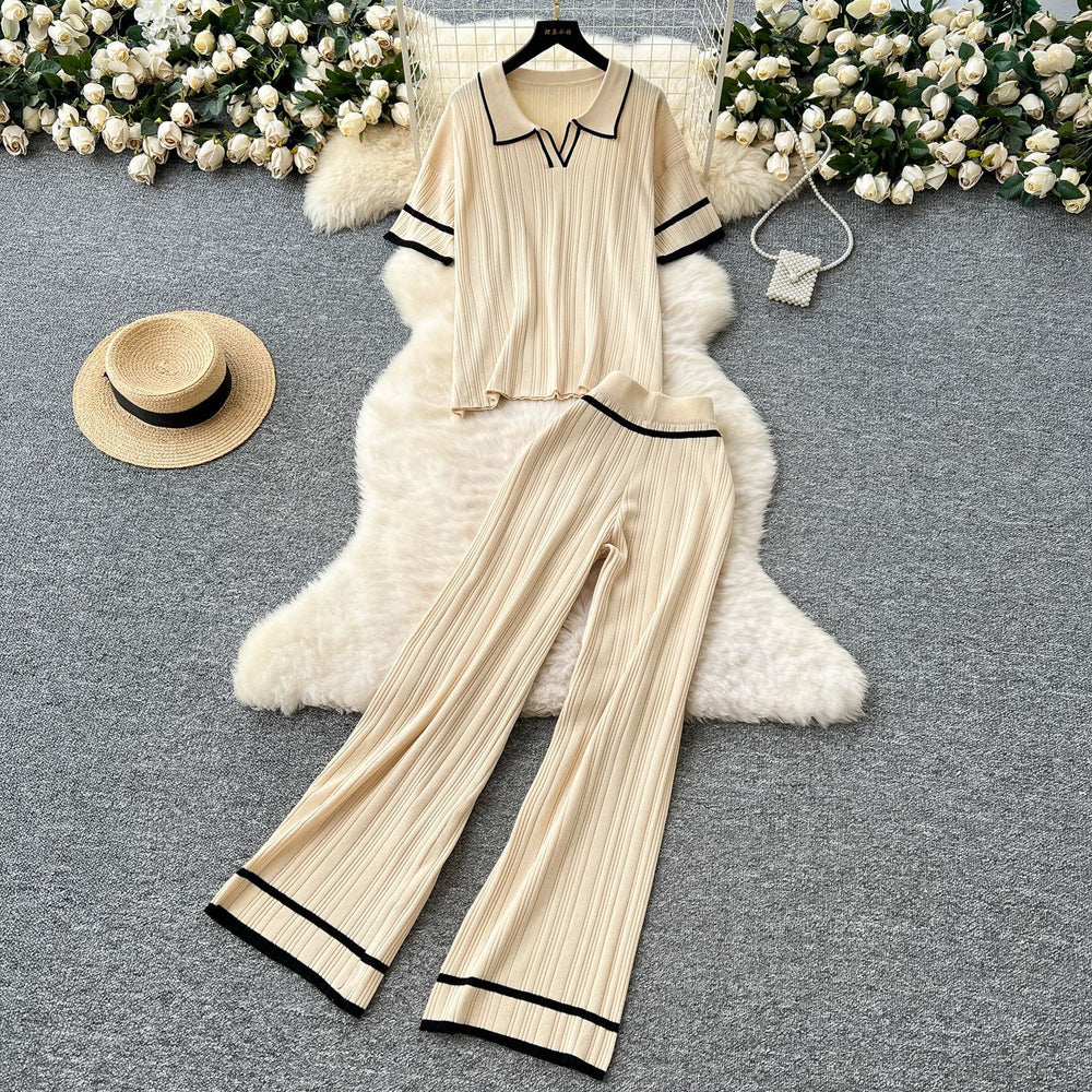 Korean style retro fashion color block turn-down collar short sleeve knit top + high waist casual wide leg pants  summer set