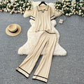 Korean style retro fashion color block turn-down collar short sleeve knit top + high waist casual wide leg pants  summer set