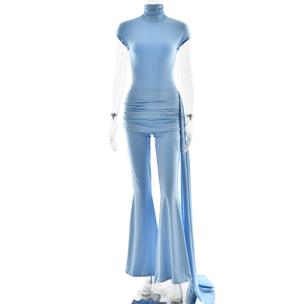 Europe and the United States  new sexy pleated streamer turtleneck jumpsuit  hot-selling fashion high-waisted slim jumpsuit