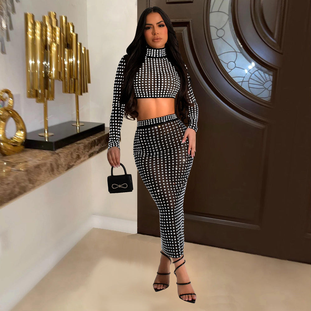 C6946 cross-border   independent station fashion fashion women's solid color hot diamond mesh two-piece skirt
