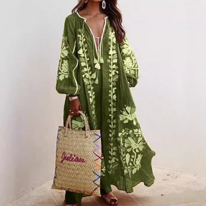 fashion  women's fashionlooselong sleevestie backv neckprinting large swing dress women's dress