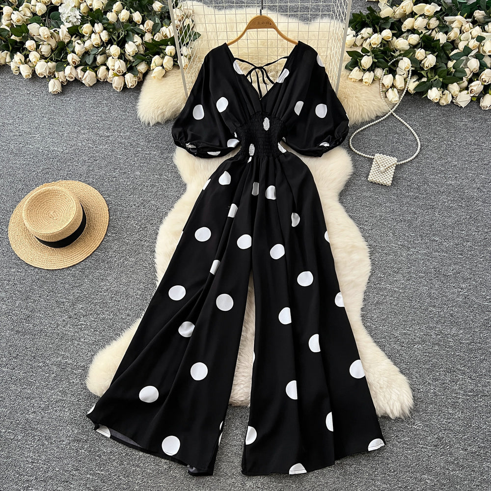 Fashion style polka dot puff sleeve jumpsuit women's summerv neck waist loose wide leg fried street elegant royal sister pants