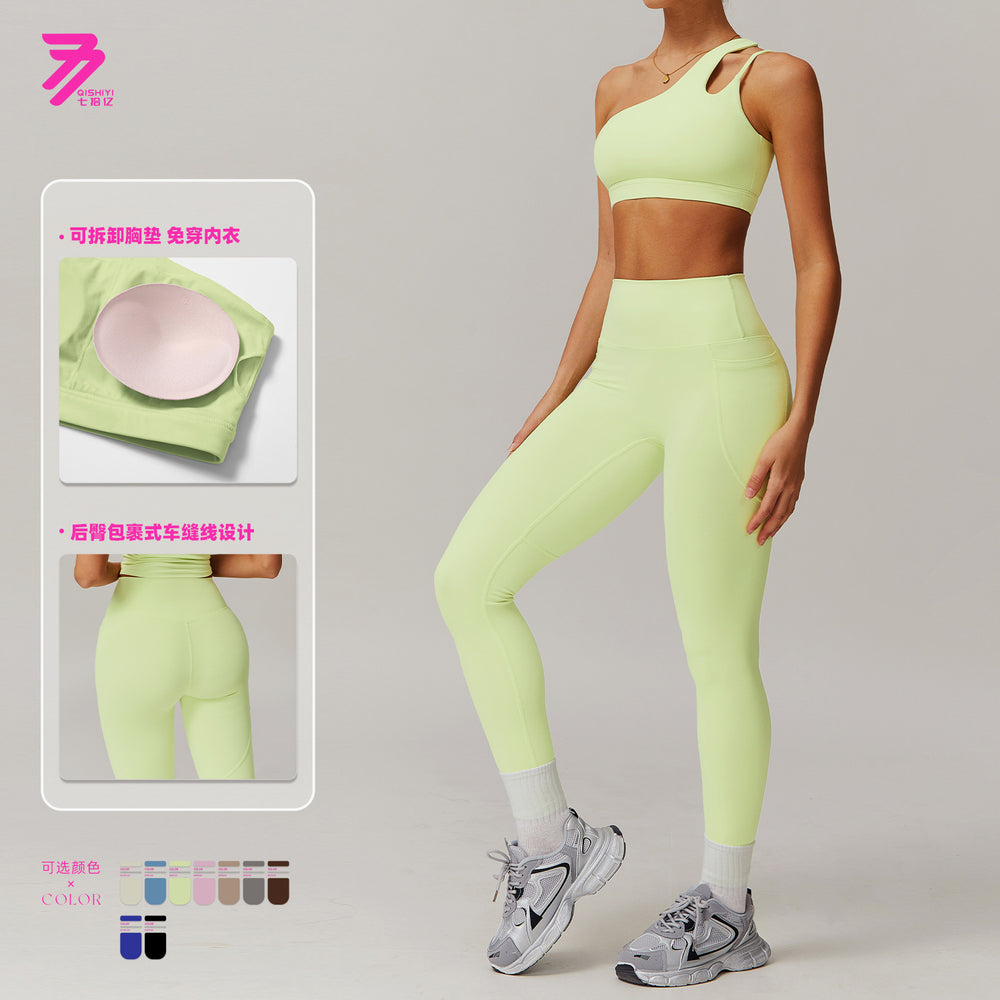breathable quick-drying tight-fitting yoga clothes flap pocket pants running sports suit diagonal shoulder naked fitness suit6425