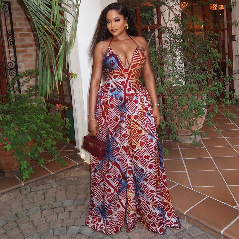 European and american style ins cross-border printing color matching women's waist a-line skirt halterneck backless low-cut outing long dress trendy