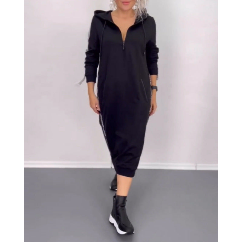 fall/winter new arrivals: european and american fashion slit letter print hooded long sleeve dress - women's apparel