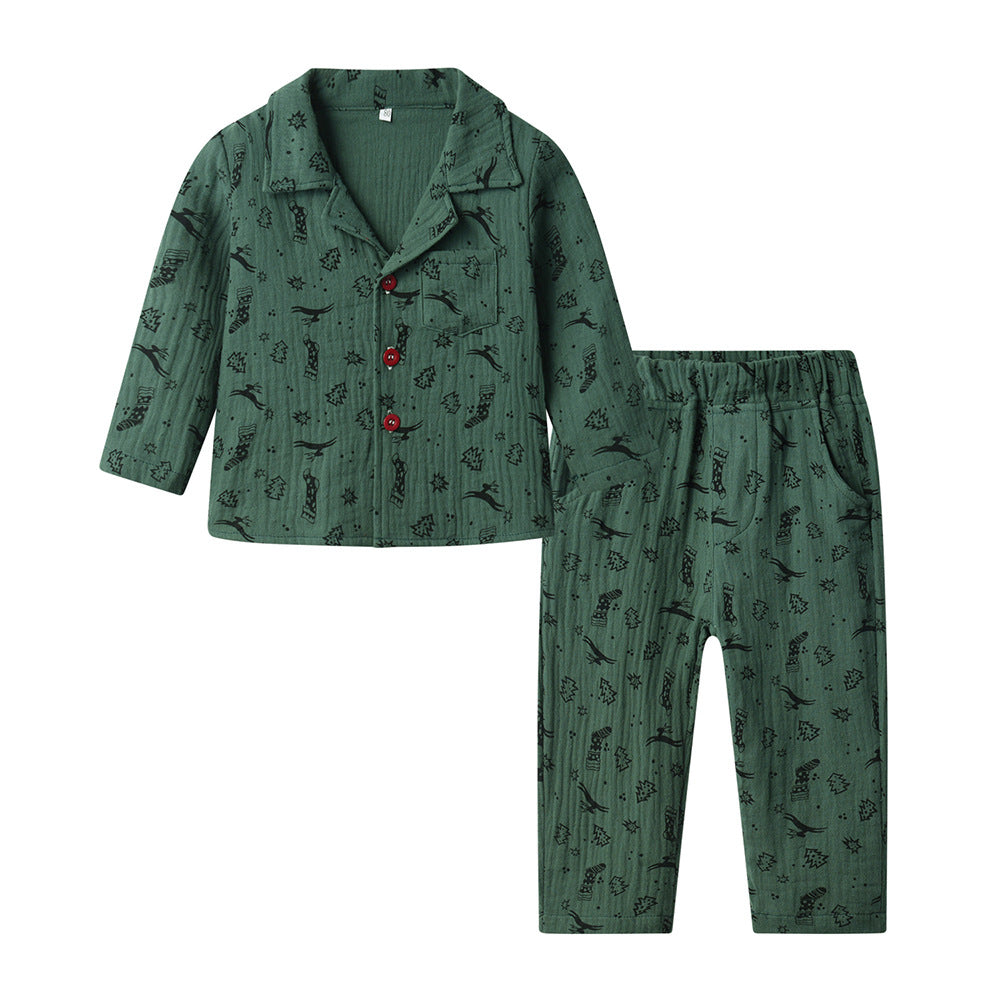 European and american style kids' pajamas - boys' and girls' long-sleeve cotton cardigan set - spring/autumn christmas print new home wear two-piece set