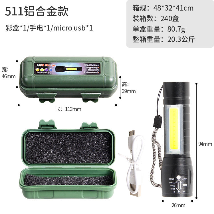 Cross-border mini LED flashlight USB charging outdoor waterproof telescopic zoom aluminum alloy COB small flashlight