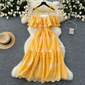 Sweet and gentle style dress for women sense of design one-line collar off-shoulder suspender ruffles waist cut outembroider long skirt
