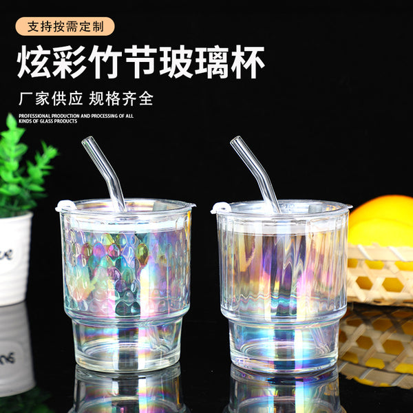 Glass colorful bamboo cup with straw coffee cup household juice beverage cup office tea cup portable
