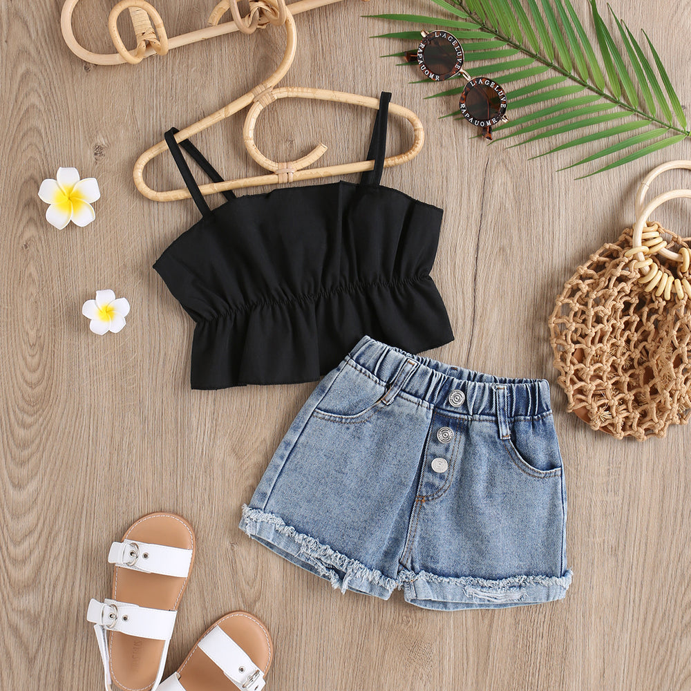hot children's clothing suspender pleated stereo vest tops washed brushed denim shorts for girls and small children suit
