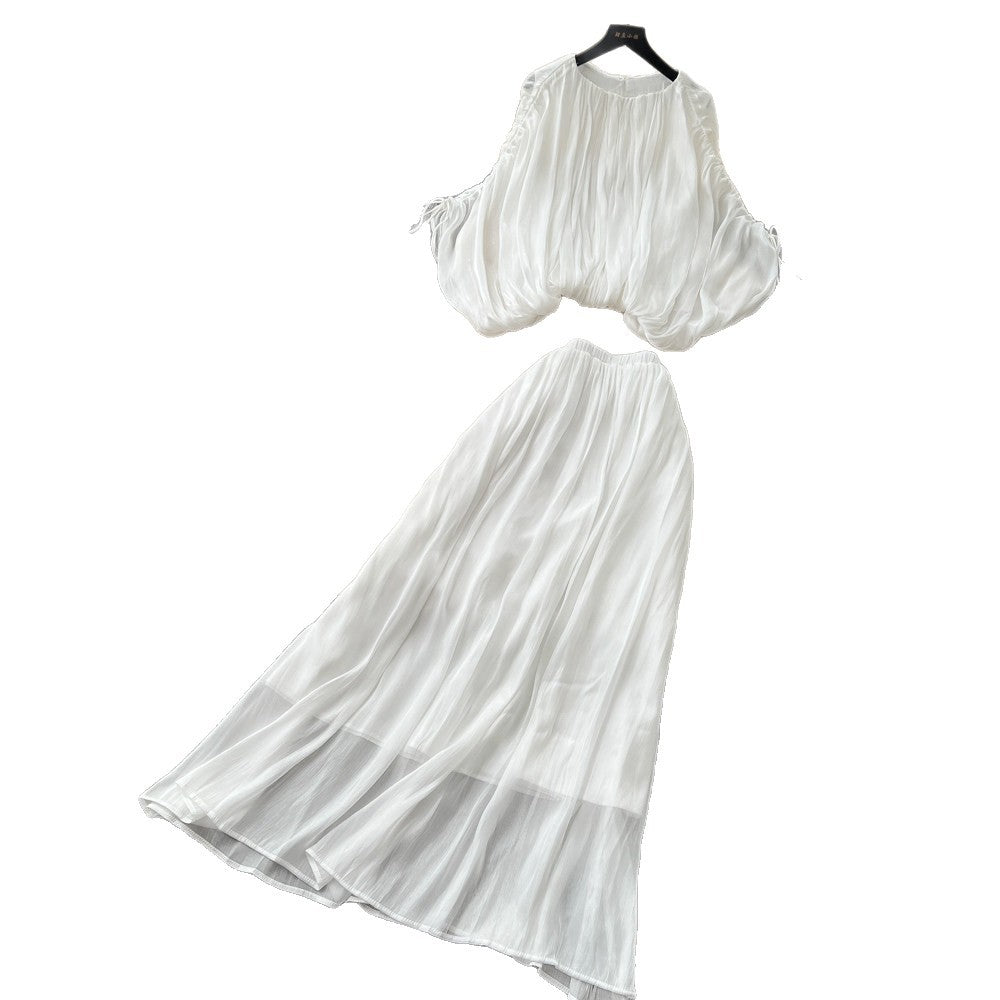 Vacation style pleated lantern sleeve shirt high waist skirt women's autumkorean style outfit pleatedeleganttwo-piece set