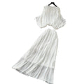 Vacation style pleated lantern sleeve shirt high waist skirt women's autumkorean style outfit pleatedeleganttwo-piece set