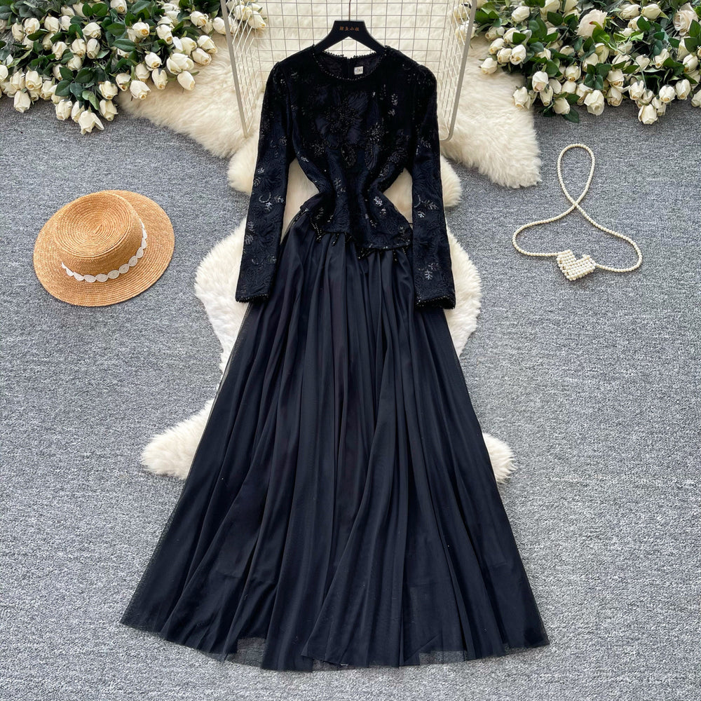 French chic long sleeve lace and mesh patchwork dress - high waist, slimming, elegant, and flowy maxi dress