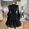 export design: autumn elegant court style lantern sleeve fitted waist dress with stand collar and lace trim mini skirt