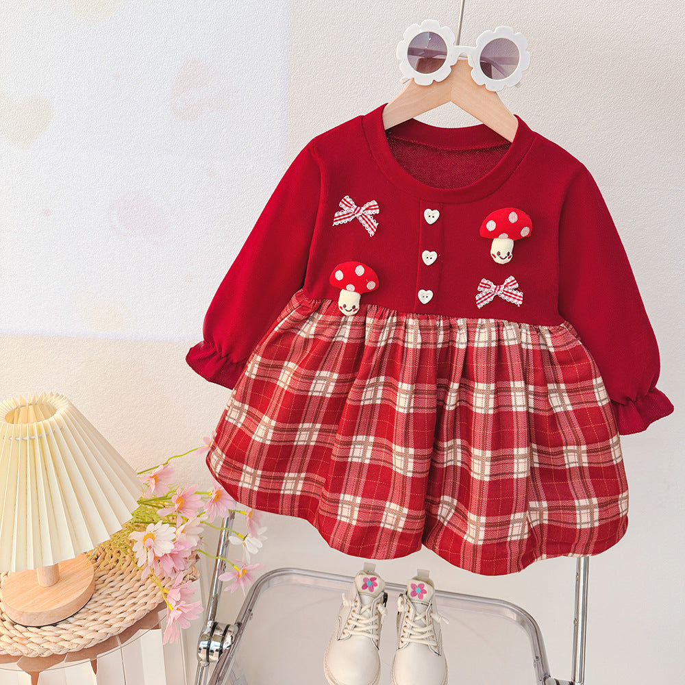 Girls' long-sleeve dress - spring/autumn collection - baby & toddler - cartoon mushroom & gingham floral print - tulip princess dress