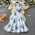 Blue and white porcelain style sleeveless floral print dress - women's summer v-neck, slimming, elegant maxi dress for work and casual wear