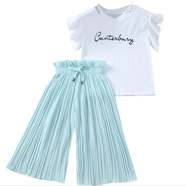 summer new arrivals: girls' letter print flutter sleeve top & wide-leg pants two-piece set (sizes 4-14y)