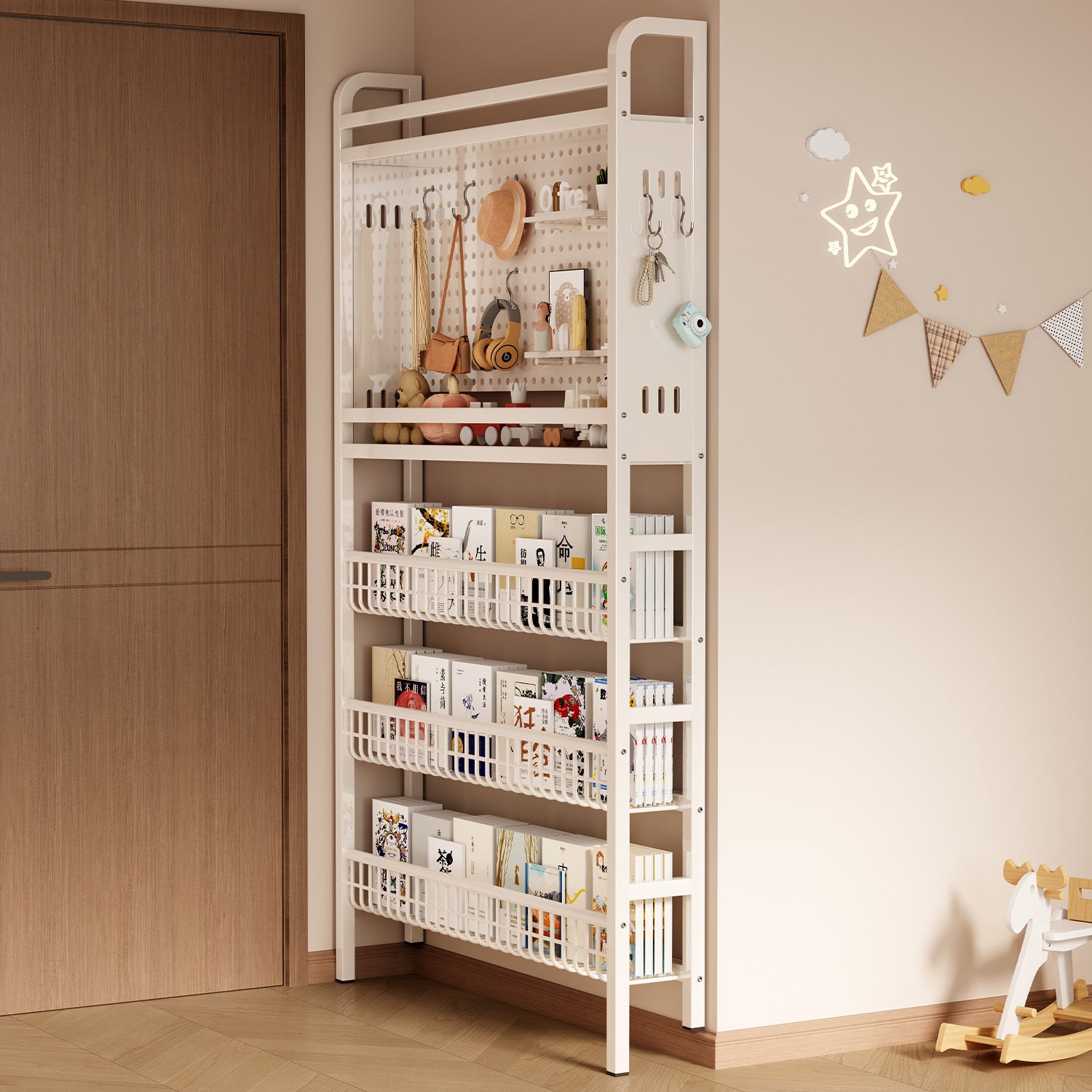 Bookshelf, ultra-thin wrought iron hole board shelf behind the door, floor storage rack against the wall, storage rack, children's picture book shelf