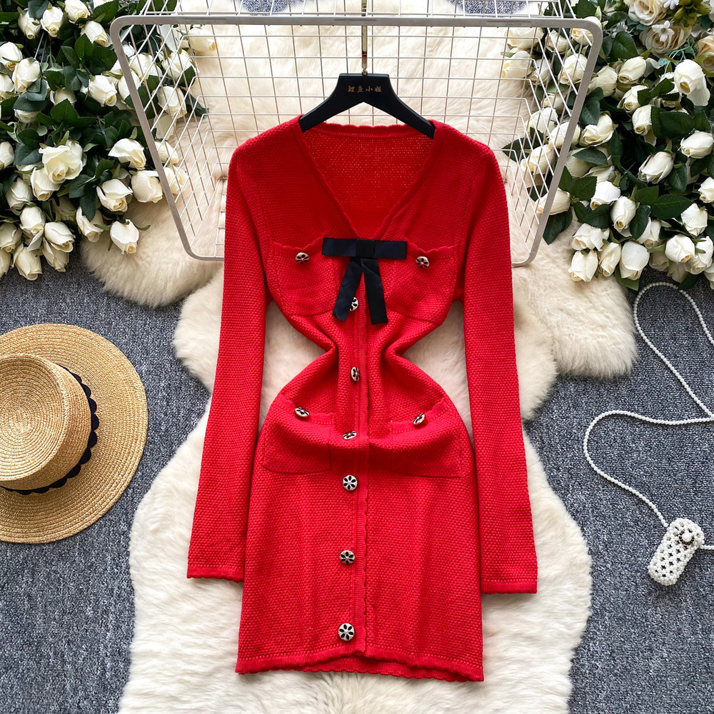 Chic chanel-inspired, high-end, bow-adorned v-neck, metal-buckle cinched-waist, long-sleeved knit dress for women – a french-style mini dress