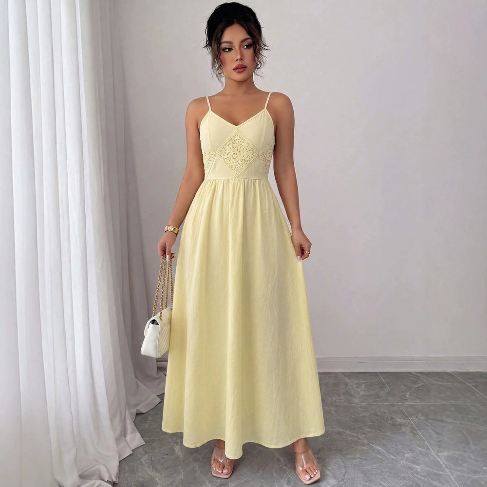 fashion  summer new arrival yellow lace patchwork camisole maxi dress - cinched waist, v-neck, vacation style