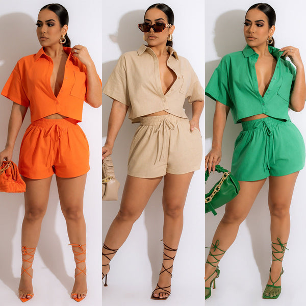 A7271 European and American sexy, casual shirt shorts set