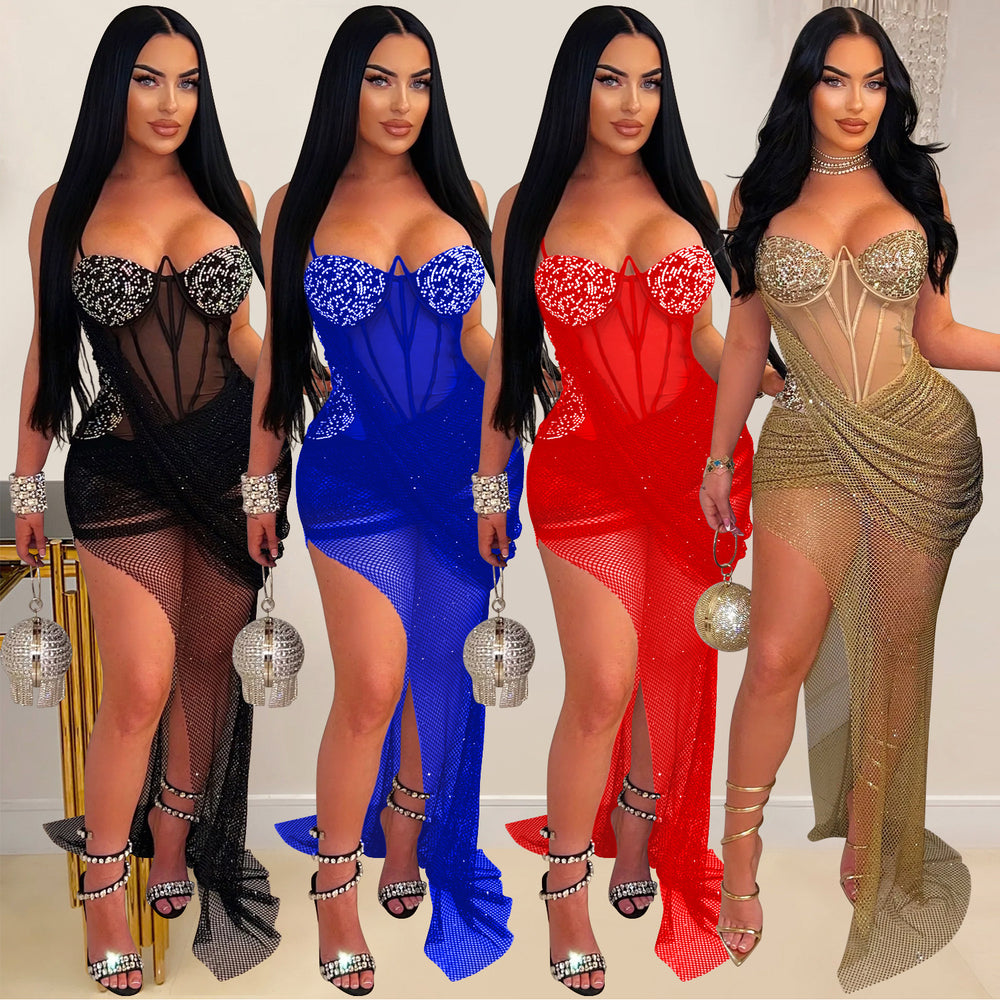 C6883 cross-border   fashion women's sexy mesh rhinestone suspender long dress