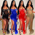 C6883 cross-border   fashion women's sexy mesh rhinestone suspender long dress