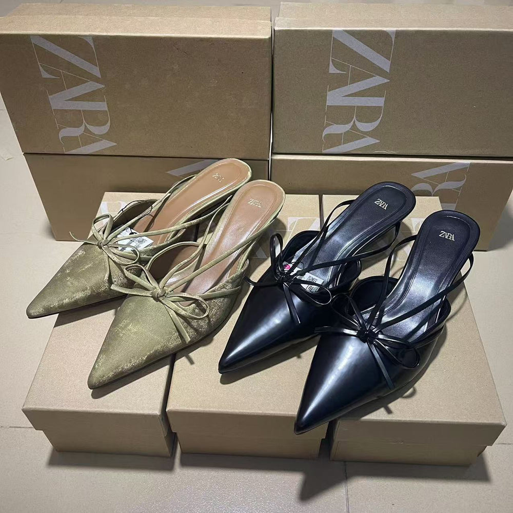 Za2024autumnew arrivalbows pointed toe high heels women's cat heel mules shoes not tired feet elegant toe cap sandals