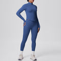High-waisted, butt-lifting, form-fitting yoga set. solid color, seamless, stand-up collar, longline activewear. perfect for outdoor running and fitness