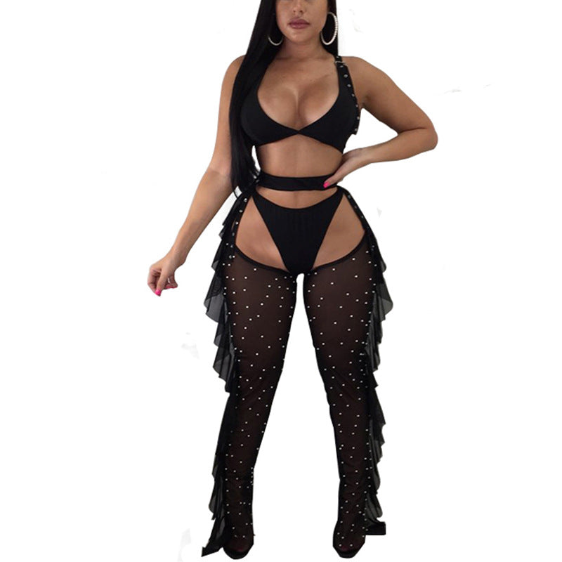 new arrival: cross-border  fashion - european & american style sexy mesh beaded ruffle trim bodycon set - tiktok trending