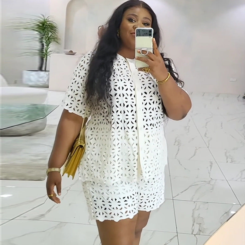 European and american cross-border women's fashion:  autumn new collection - stylish cutout crew neck short sleeve shirt & wide leg shorts casual set