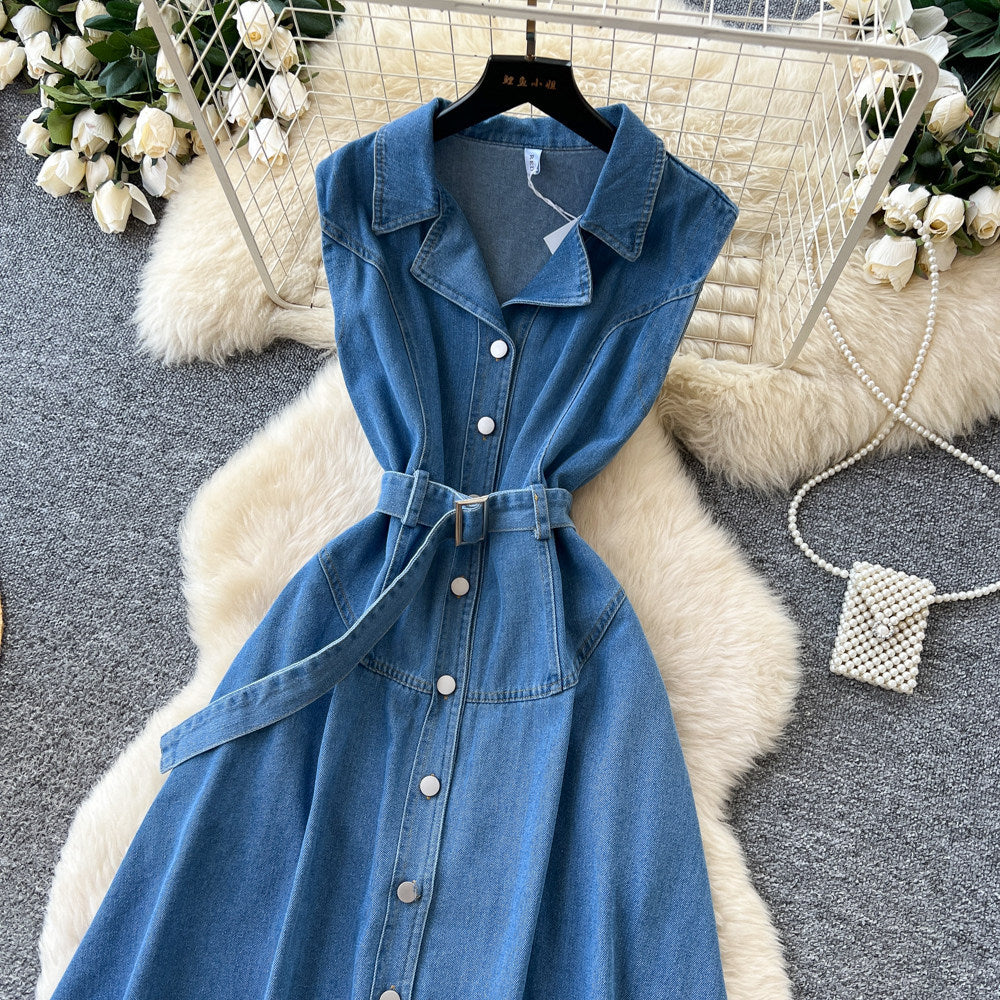 K-styleclassy lapel sleeveless single-breasted waist denim dress women's summerslimming lookeleganceelegance long skirt