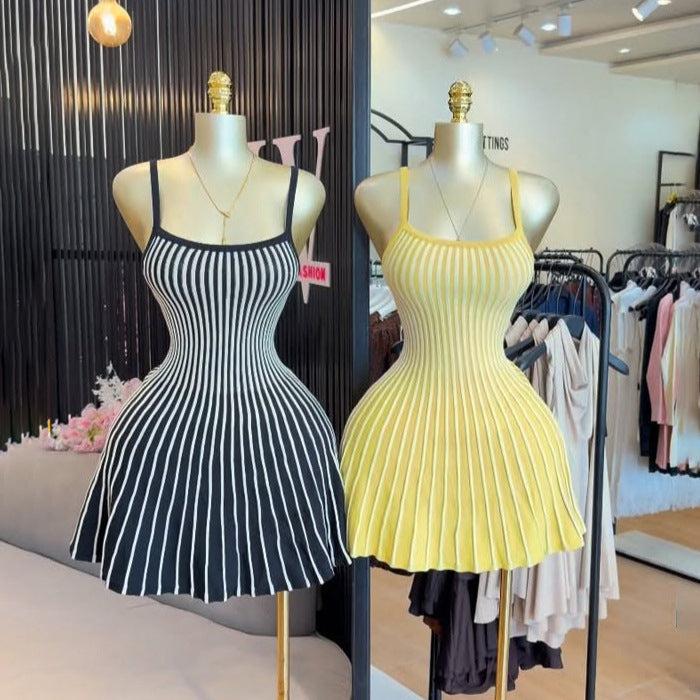 Elegant and chic camisole dress for women - autumn  collection: french retro, slimming, pleated, striped knit dress