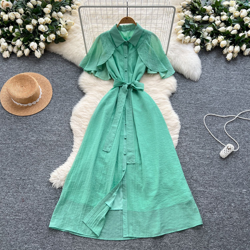 Sense of designniche style shawl patchwork lapel single breasted waist dress female summerfrenchslimming lookelegant long skirt