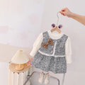 Sweet and chic two-piece look dress for girls: stylish bowknot plaid lace suspender skirt spring/autumn outfit