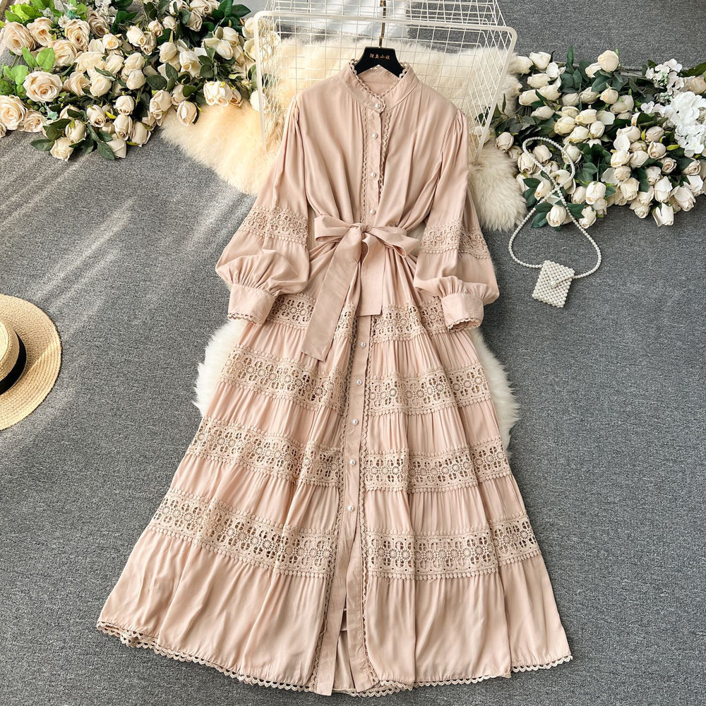 Frenchretrolacepatchwork lantern long sleevesdress women's tie back waist single breasted large swing palace style long skirt