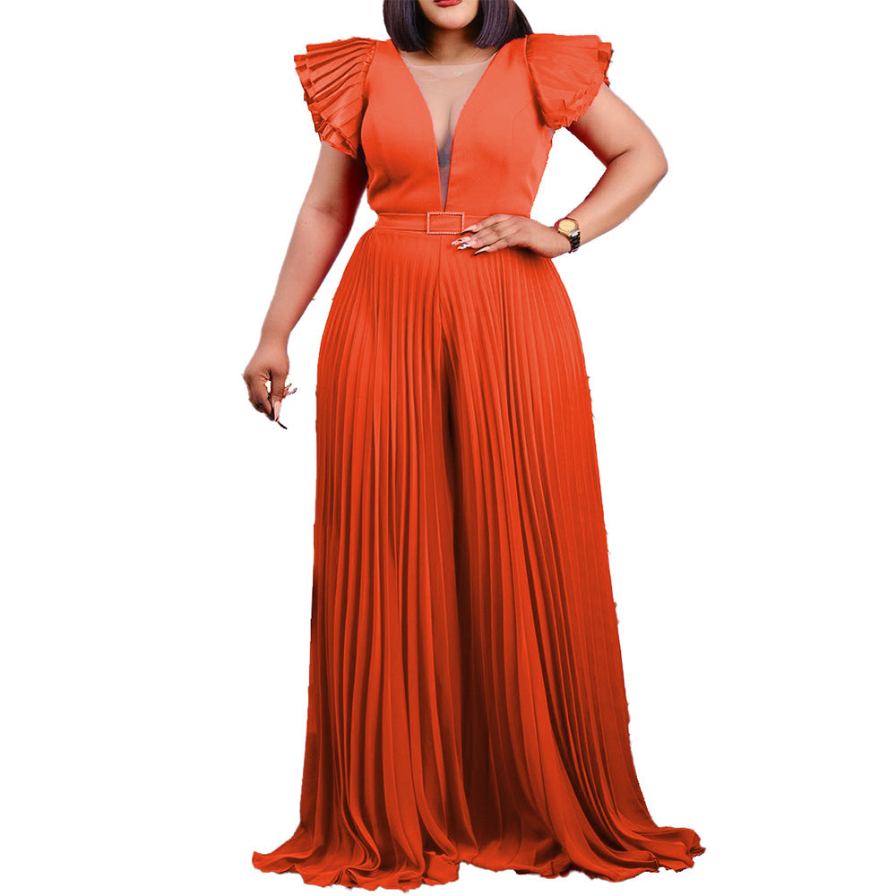 C8491p: new european and american style sexy short-sleeve pleated wide-leg jumpsuit with belt – perfect for cross-border e-commerce on  and