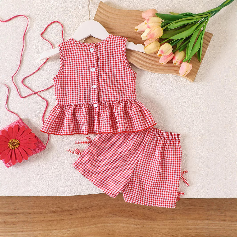 Children's clothing  fashion children's clothing cross-border red plaid tops+shortssuit