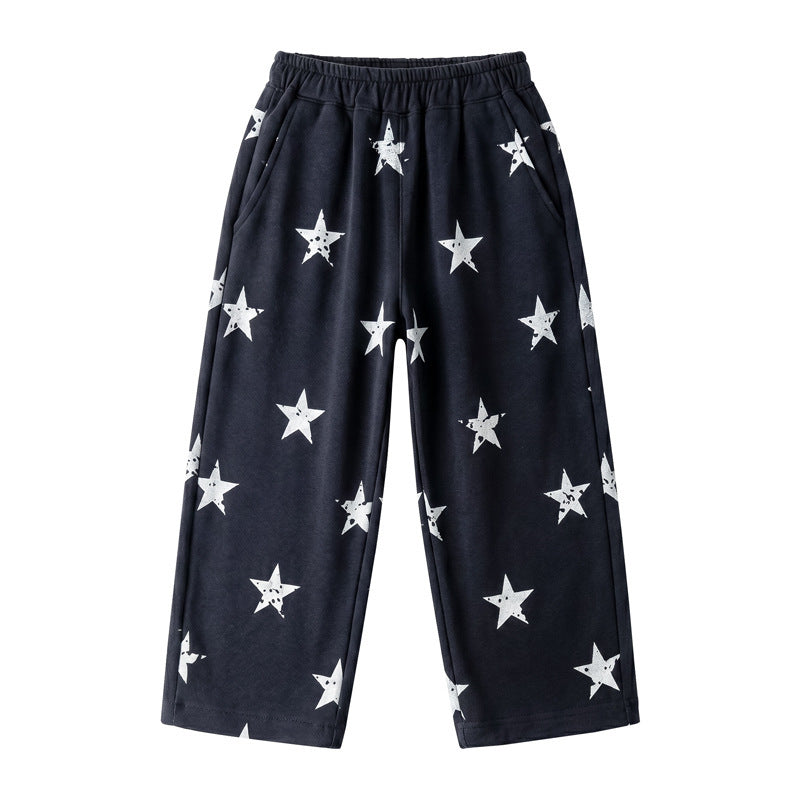 American retro star print letter print sweatpants - girls' loose fit casual wide leg street dance versatile lounge pants