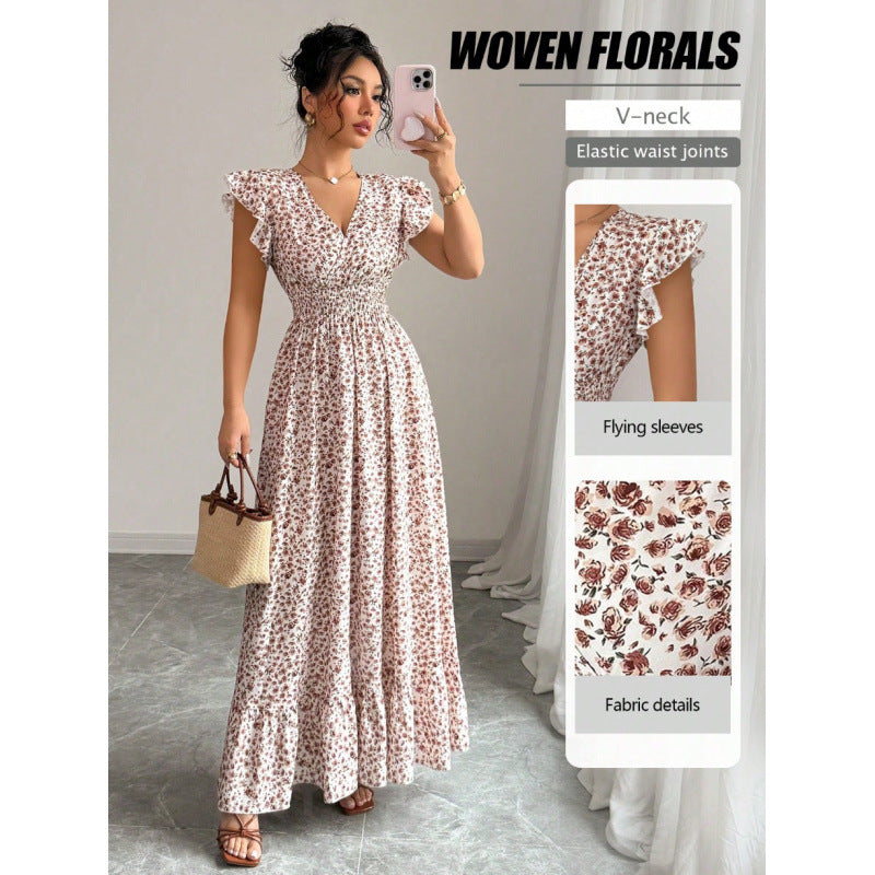 Shipped: cross-border european and american women's summer floral maxi dress with ruffle trim, v-neck, short sleeves, and a-line silhouette