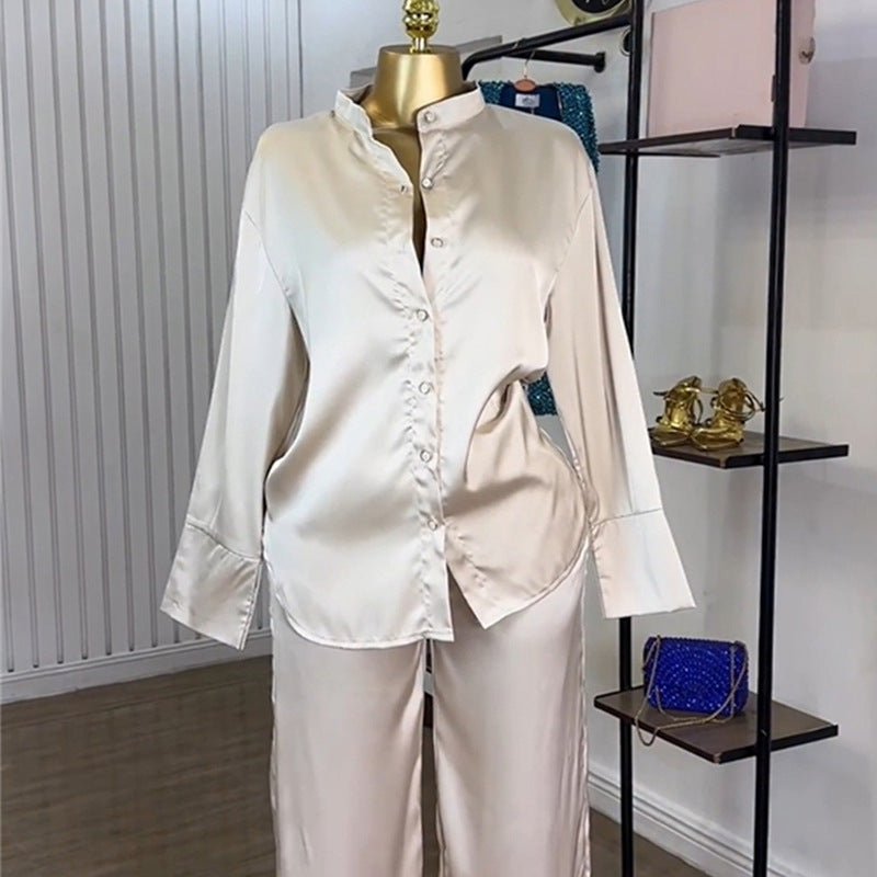 European and american cross-border women's fashion:  autumn new arrivals - casual loose fit long sleeve shirt & high-waisted wide leg pants fashion set