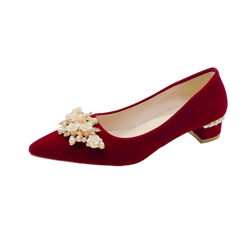 Xiuhe wedding shoes for women, red thick heel, not tiring feet, bridal shoes, 2024 new arrival, chinoiserie pointed toe wedding toast shoes